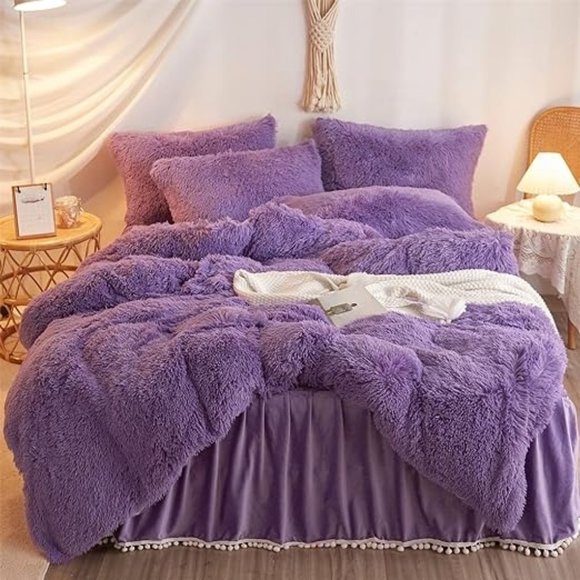 Fluffy Comforter Cover Queen Set，Faux Fur Purple Bedding Sets Queen OR King  3 P - Picture 1 of 7